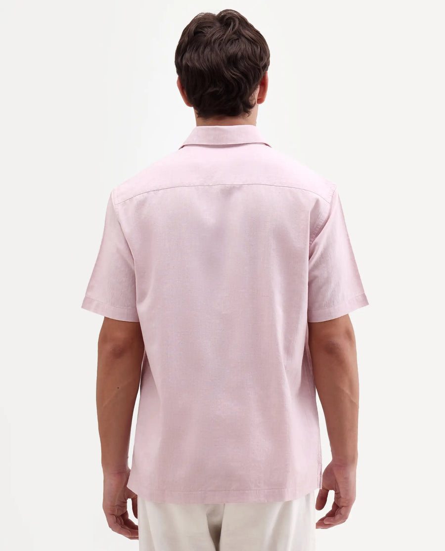 Rare Rabbit Men's Bonc-Ss Pink Linen Blend Fabric Half Sleeve Spread Collar Button Regular Plain Shirt