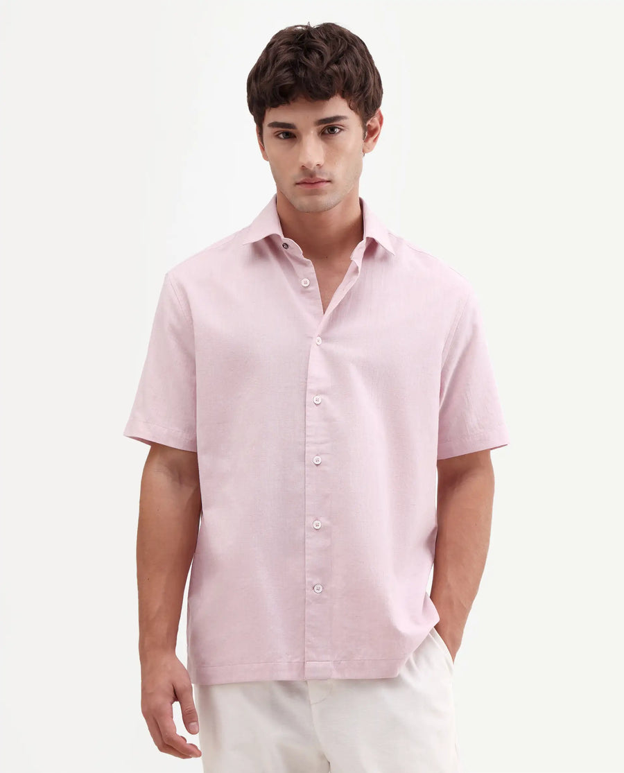 Rare Rabbit Men's Bonc-Ss Pink Linen Blend Fabric Half Sleeve Spread Collar Button Regular Plain Shirt
