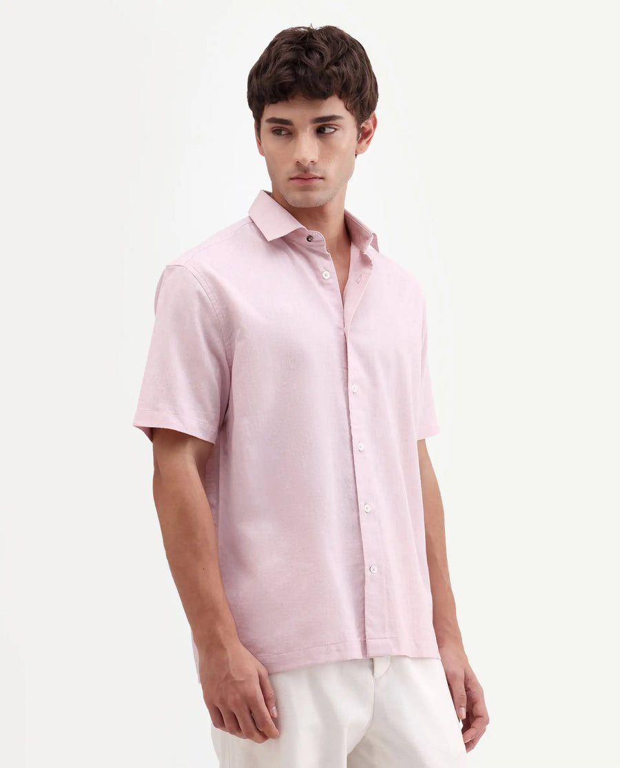 Rare Rabbit Men's Bonc-Ss Pink Linen Blend Fabric Half Sleeve Spread Collar Button Regular Plain Shirt