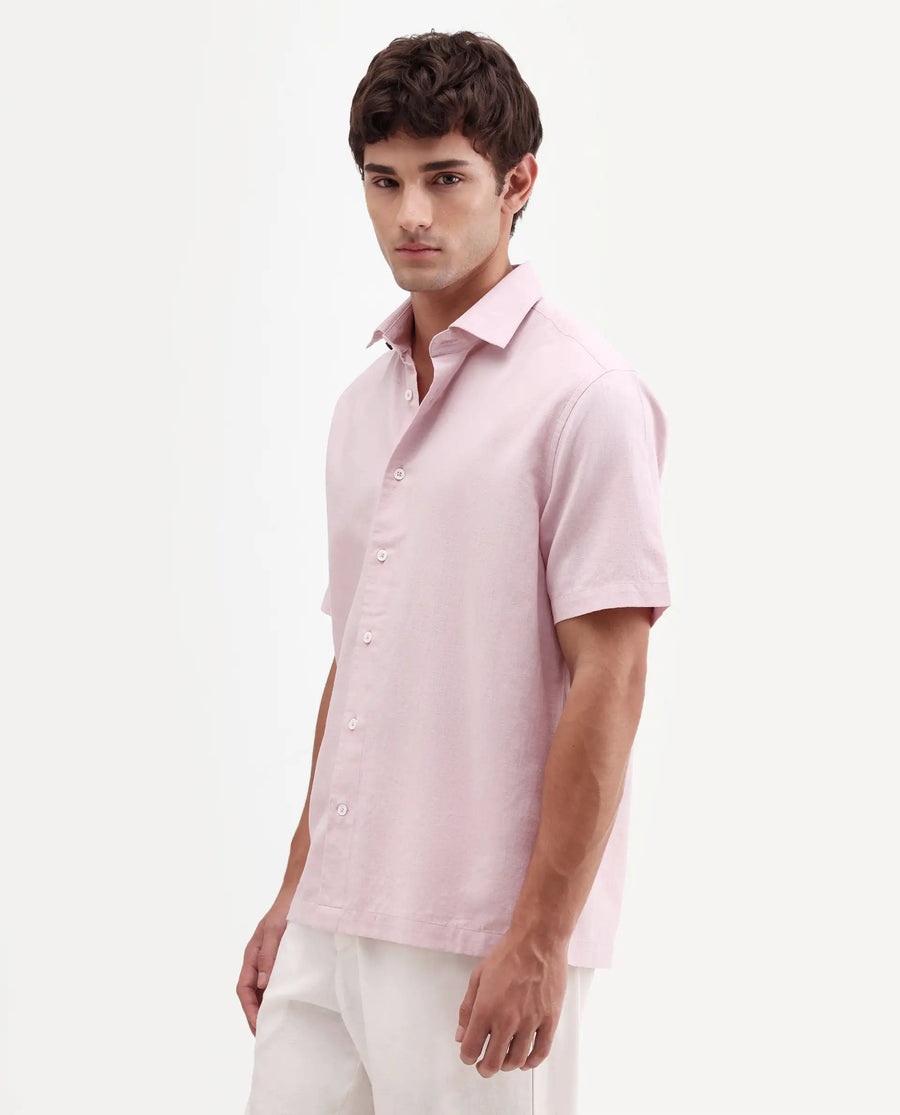 Rare Rabbit Men's Bonc-Ss Pink Linen Blend Fabric Half Sleeve Spread Collar Button Regular Plain Shirt