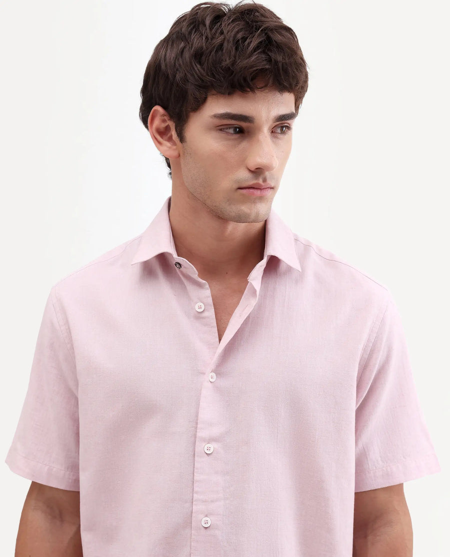Rare Rabbit Men's Bonc-Ss Pink Linen Blend Fabric Half Sleeve Spread Collar Button Regular Plain Shirt