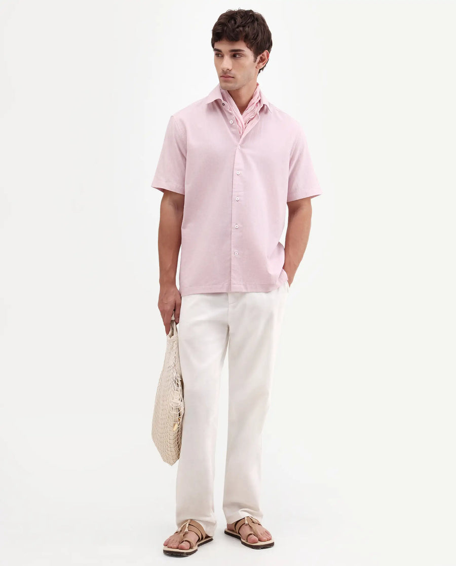 Rare Rabbit Men's Bonc-Ss Pink Linen Blend Fabric Half Sleeve Spread Collar Button Regular Plain Shirt