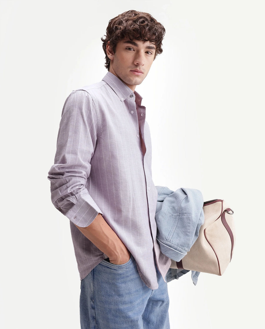 Rare Rabbit Men's Dalti Dusky Purple Linen Blend Fabric Full Sleeve Spread Collar Button Regular Fit Striped Shirt