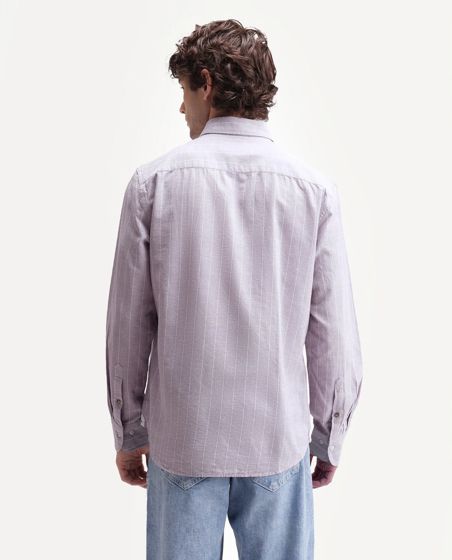 Rare Rabbit Men's Dalti Dusky Purple Linen Blend Fabric Full Sleeve Spread Collar Button Regular Fit Striped Shirt
