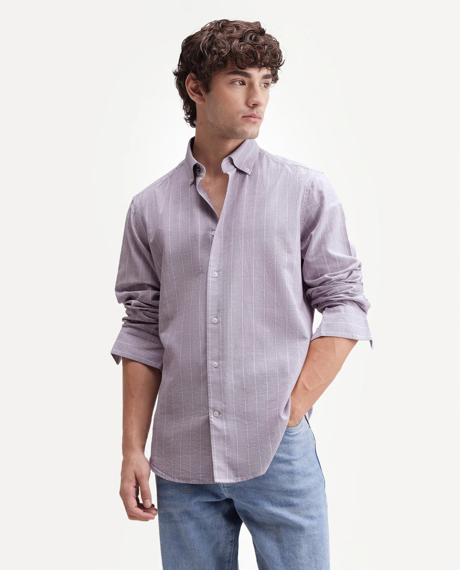 Rare Rabbit Men's Dalti Dusky Purple Linen Blend Fabric Full Sleeve Spread Collar Button Regular Fit Striped Shirt