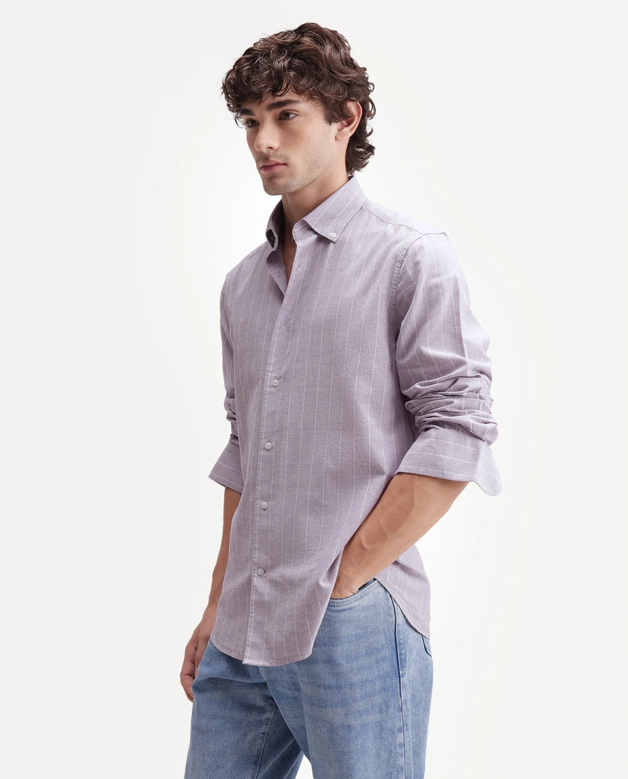 Rare Rabbit Men's Dalti Dusky Purple Linen Blend Fabric Full Sleeve Spread Collar Button Regular Fit Striped Shirt