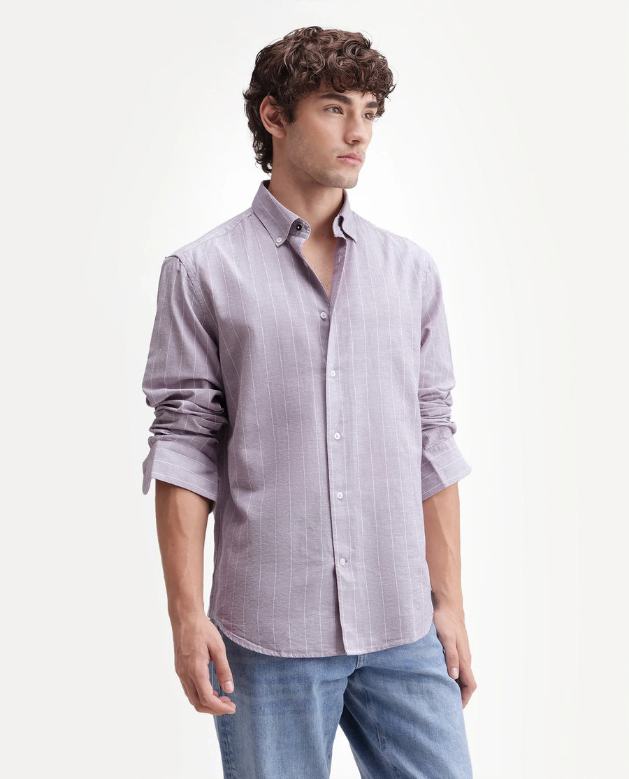 Rare Rabbit Men's Dalti Dusky Purple Linen Blend Fabric Full Sleeve Spread Collar Button Regular Fit Striped Shirt