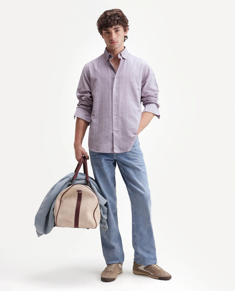 Rare Rabbit Men's Dalti Dusky Purple Linen Blend Fabric Full Sleeve Spread Collar Button Regular Fit Striped Shirt