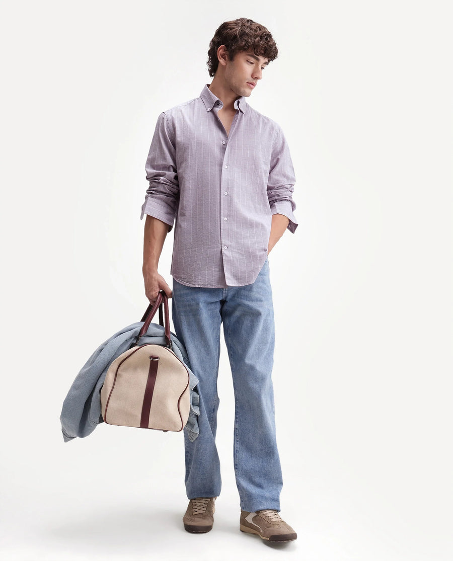 Rare Rabbit Men's Dalti Dusky Purple Linen Blend Fabric Full Sleeve Spread Collar Button Regular Fit Striped Shirt