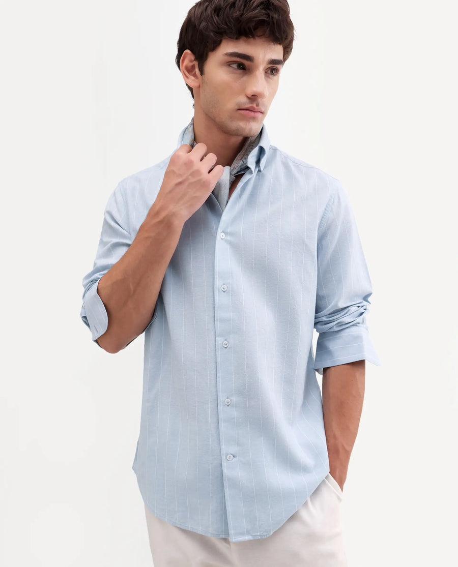 Rare Rabbit Men's Dalti Light Blue Linen Blend Fabric Full Sleeve Spread Collar Button Regular Fit Striped Shirt