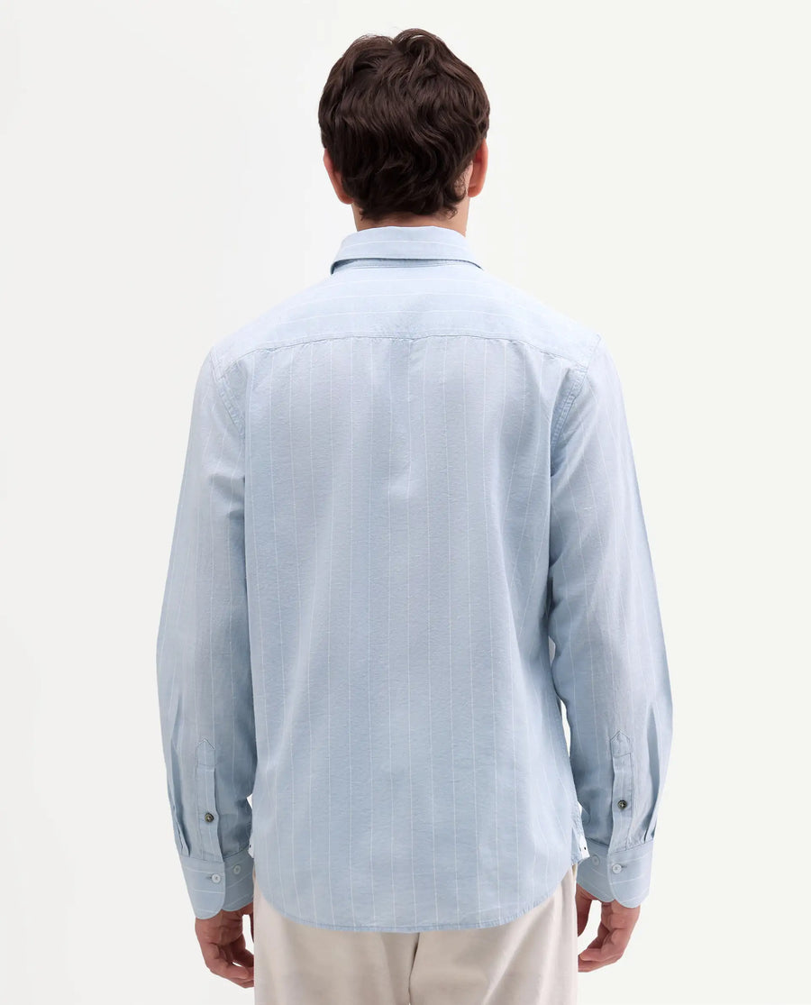 Rare Rabbit Men's Dalti Light Blue Linen Blend Fabric Full Sleeve Spread Collar Button Regular Fit Striped Shirt