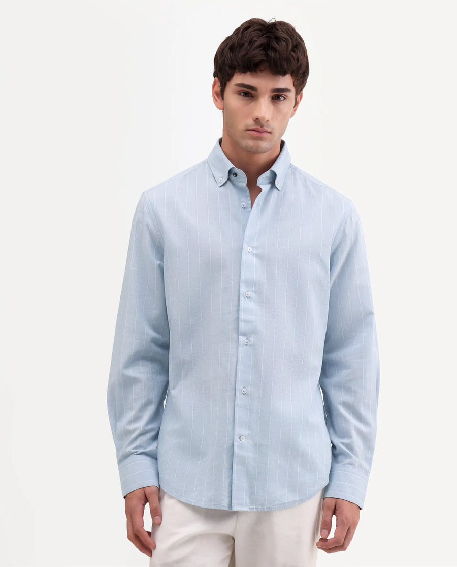 Rare Rabbit Men's Dalti Light Blue Linen Blend Fabric Full Sleeve Spread Collar Button Regular Fit Striped Shirt