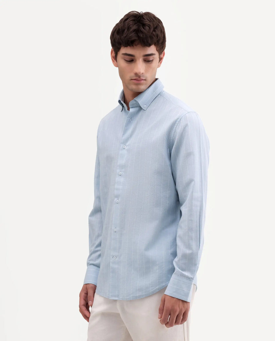 Rare Rabbit Men's Dalti Light Blue Linen Blend Fabric Full Sleeve Spread Collar Button Regular Fit Striped Shirt