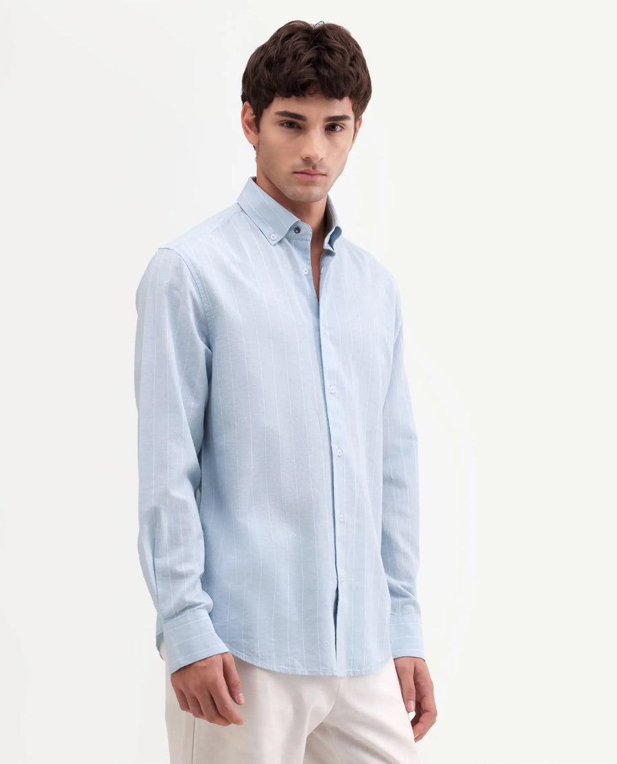 Rare Rabbit Men's Dalti Light Blue Linen Blend Fabric Full Sleeve Spread Collar Button Regular Fit Striped Shirt