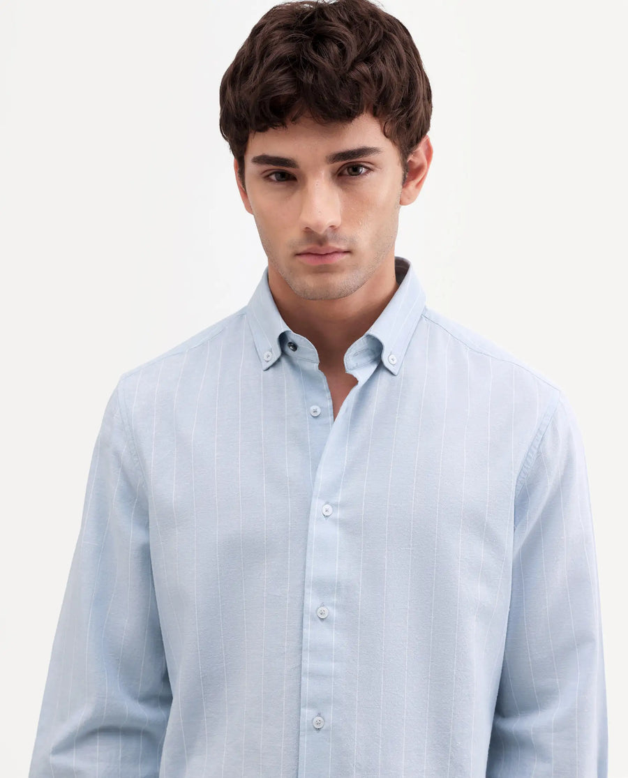 Rare Rabbit Men's Dalti Light Blue Linen Blend Fabric Full Sleeve Spread Collar Button Regular Fit Striped Shirt