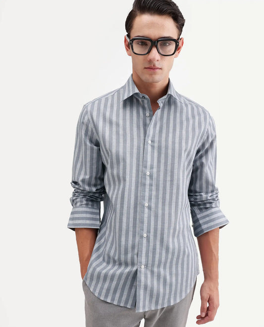 Rare Rabbit Men's Mink Dark Grey Cotton Blend Fabric Full Sleeve Spread Collar Button Regular Fit Striped Shirt