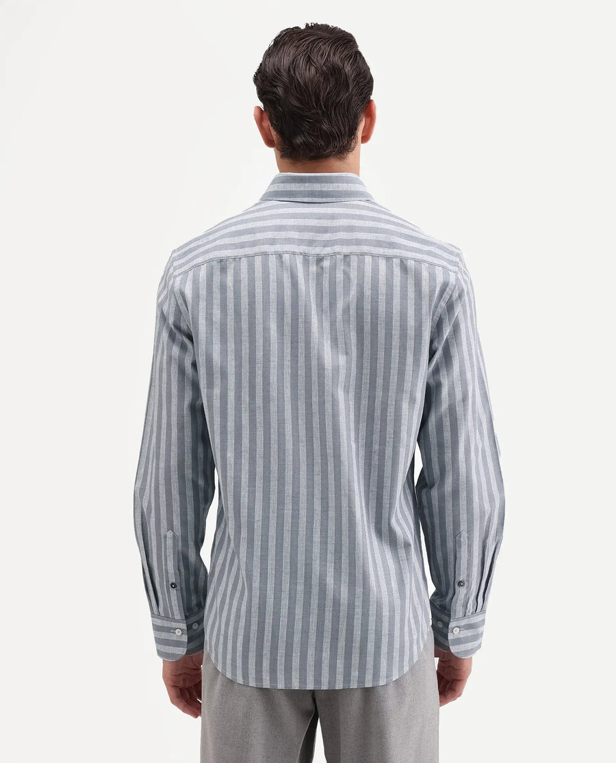 Rare Rabbit Men's Mink Dark Grey Cotton Blend Fabric Full Sleeve Spread Collar Button Regular Fit Striped Shirt