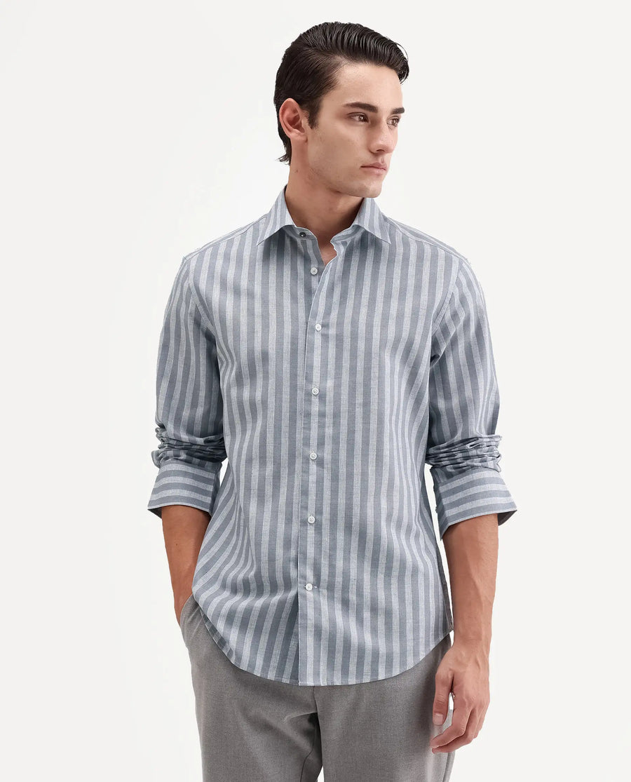 Rare Rabbit Men's Mink Dark Grey Cotton Blend Fabric Full Sleeve Spread Collar Button Regular Fit Striped Shirt