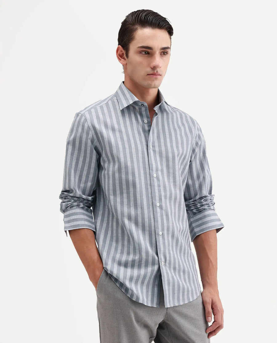 Rare Rabbit Men's Mink Dark Grey Cotton Blend Fabric Full Sleeve Spread Collar Button Regular Fit Striped Shirt