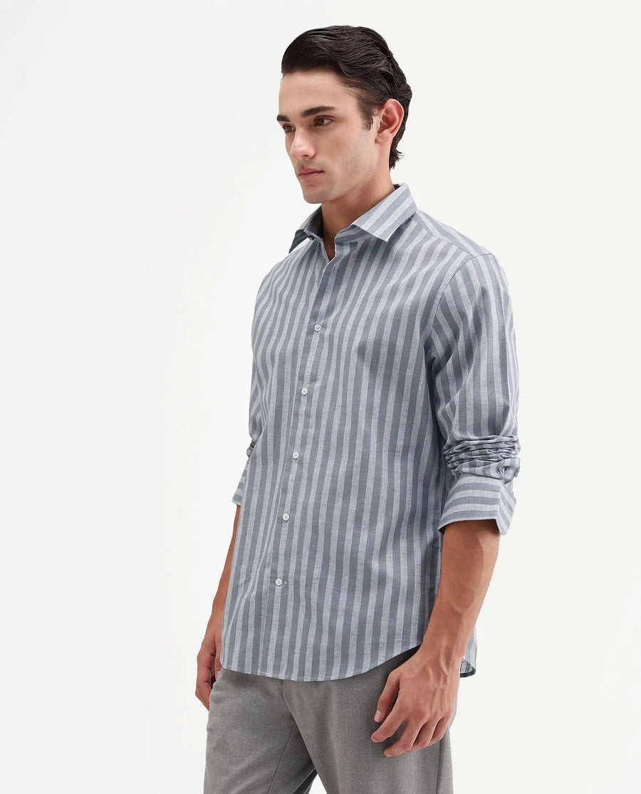 Rare Rabbit Men's Mink Dark Grey Cotton Blend Fabric Full Sleeve Spread Collar Button Regular Fit Striped Shirt