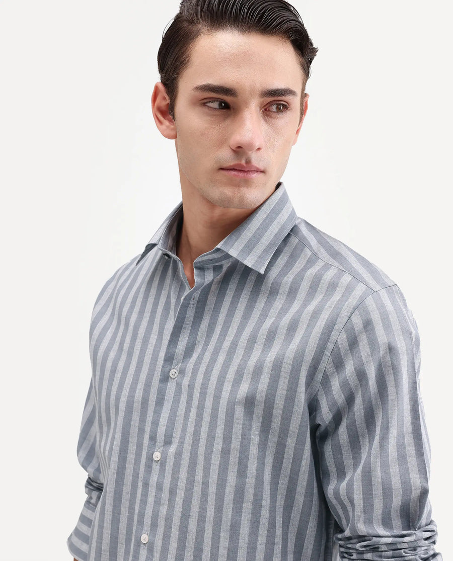 Rare Rabbit Men's Mink Dark Grey Cotton Blend Fabric Full Sleeve Spread Collar Button Regular Fit Striped Shirt