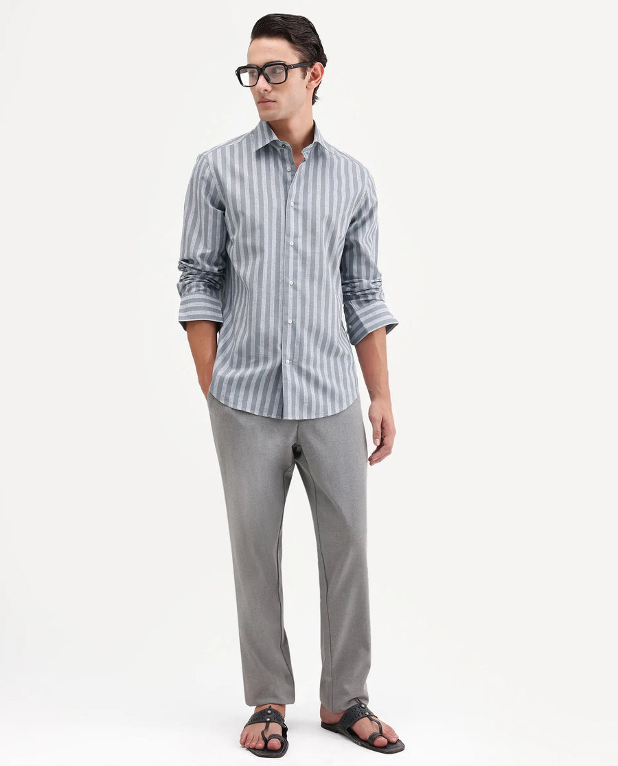 Rare Rabbit Men's Mink Dark Grey Cotton Blend Fabric Full Sleeve Spread Collar Button Regular Fit Striped Shirt