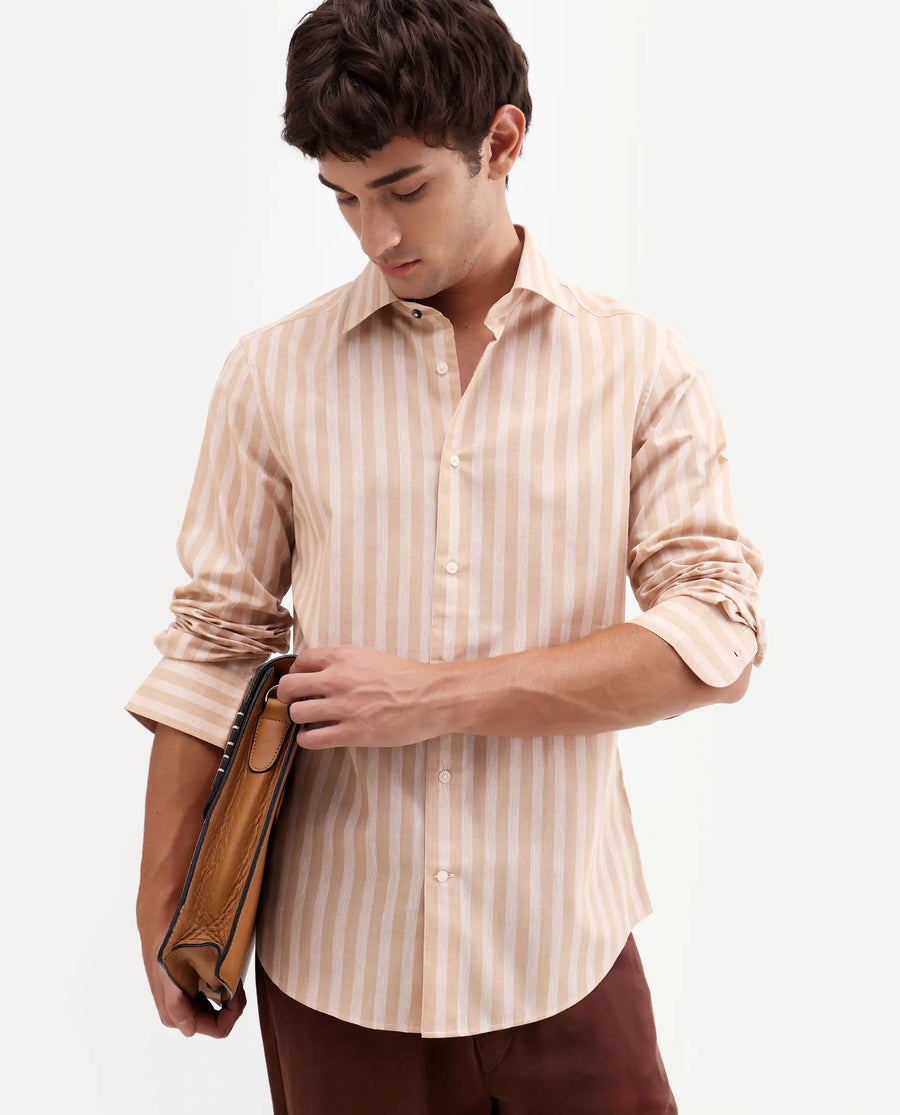 Rare Rabbit Men's Mink Beige Cotton Blend Fabric Full Sleeve Spread Collar Button Regular Fit Striped Shirt