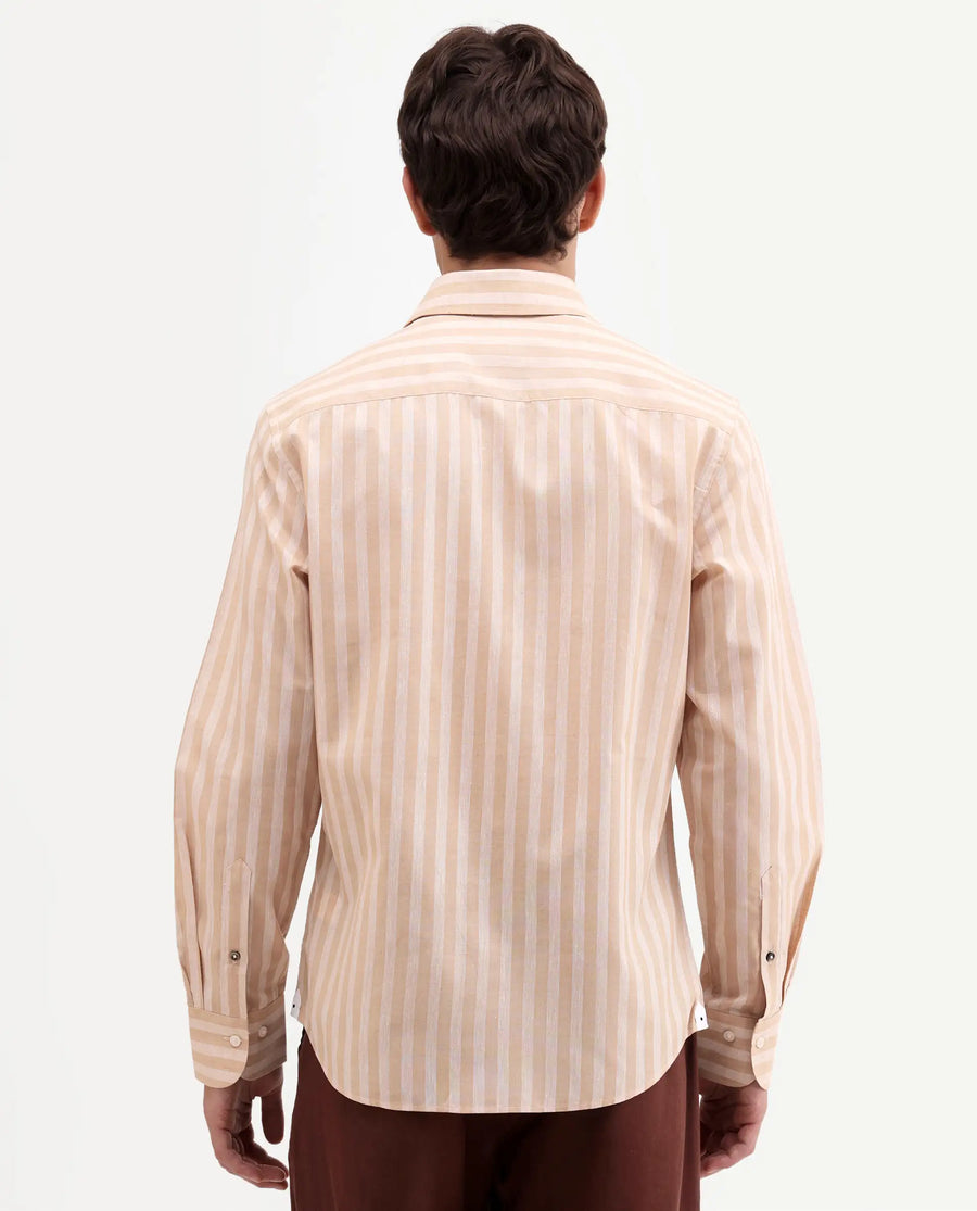 Rare Rabbit Men's Mink Beige Cotton Blend Fabric Full Sleeve Spread Collar Button Regular Fit Striped Shirt