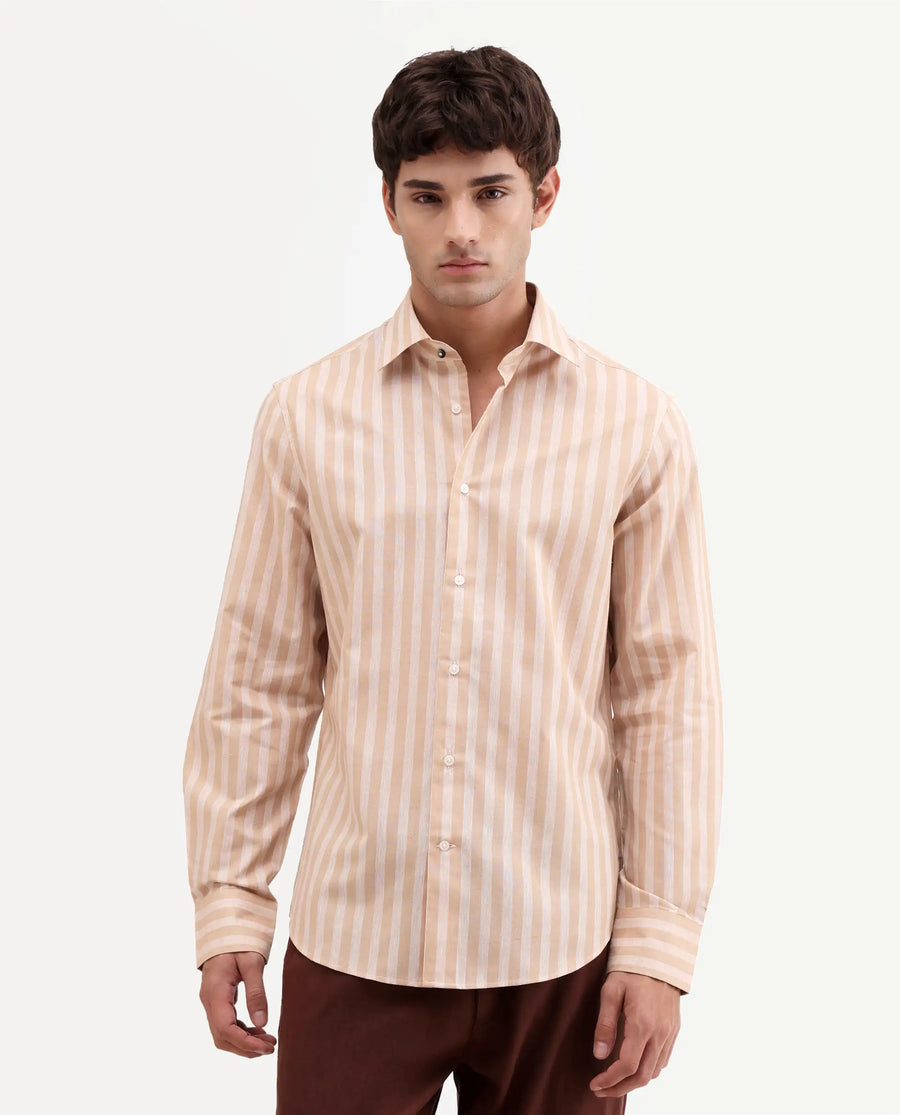 Rare Rabbit Men's Mink Beige Cotton Blend Fabric Full Sleeve Spread Collar Button Regular Fit Striped Shirt