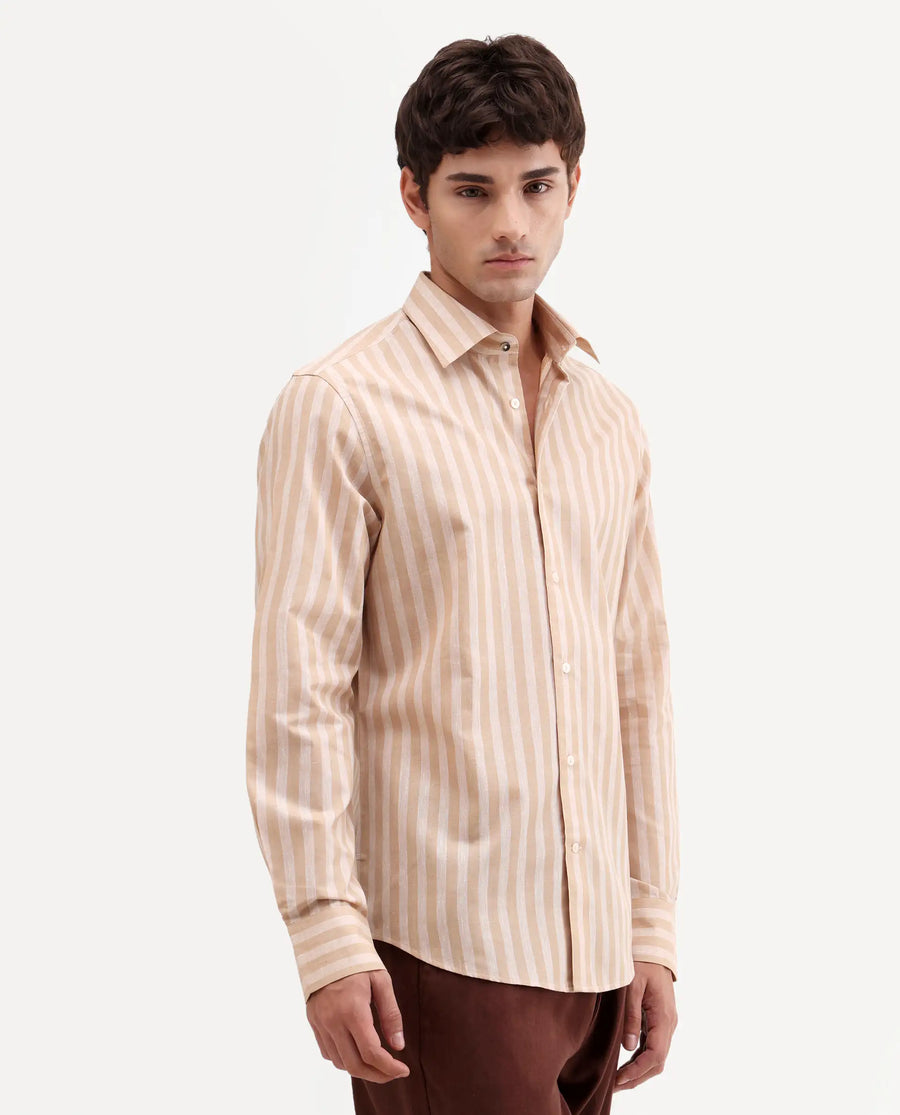 Rare Rabbit Men's Mink Beige Cotton Blend Fabric Full Sleeve Spread Collar Button Regular Fit Striped Shirt