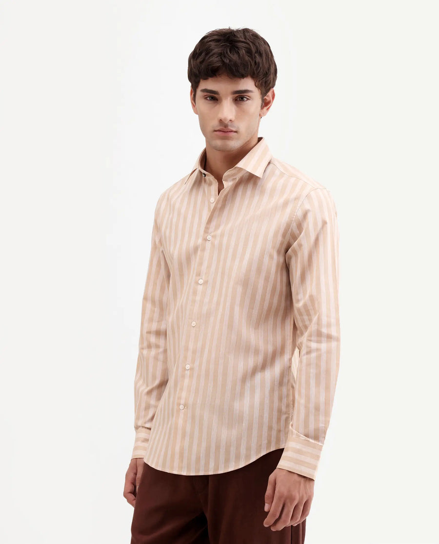 Rare Rabbit Men's Mink Beige Cotton Blend Fabric Full Sleeve Spread Collar Button Regular Fit Striped Shirt