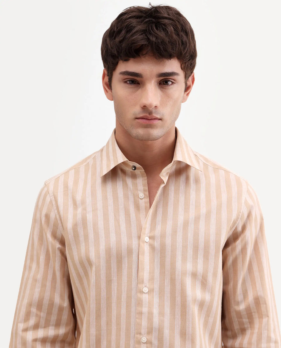 Rare Rabbit Men's Mink Beige Cotton Blend Fabric Full Sleeve Spread Collar Button Regular Fit Striped Shirt