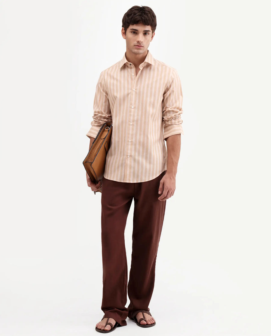 Rare Rabbit Men's Mink Beige Cotton Blend Fabric Full Sleeve Spread Collar Button Regular Fit Striped Shirt