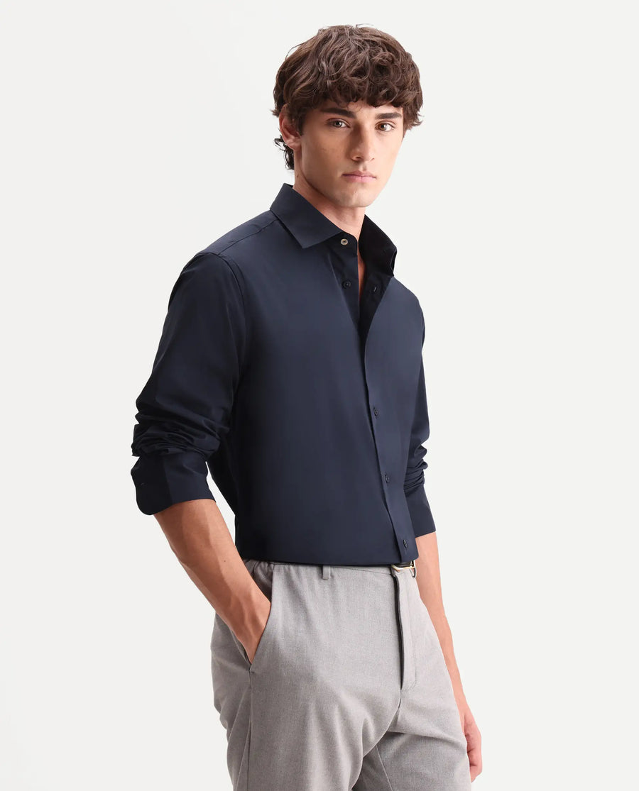 Rare Rabbit Men's Zidan Navy Cotton Blend Fabric Full Sleeve Spread Collar Button Regular Plain Shirt