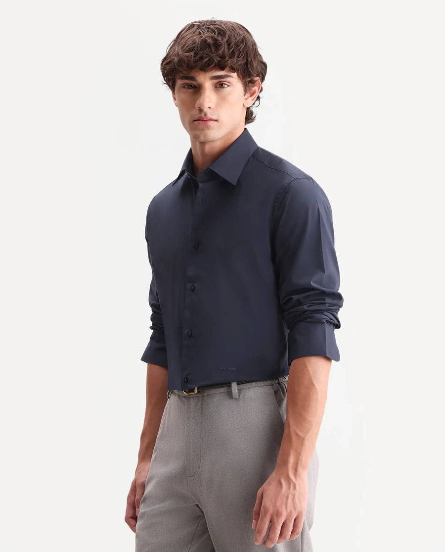 Rare Rabbit Men's Zidan Navy Cotton Blend Fabric Full Sleeve Spread Collar Button Regular Plain Shirt