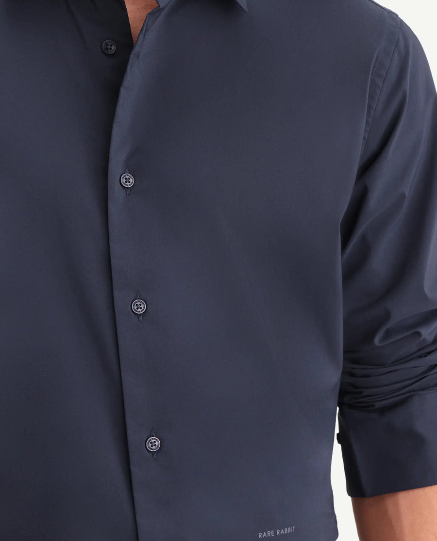 Rare Rabbit Men's Zidan Navy Cotton Blend Fabric Full Sleeve Spread Collar Button Regular Plain Shirt