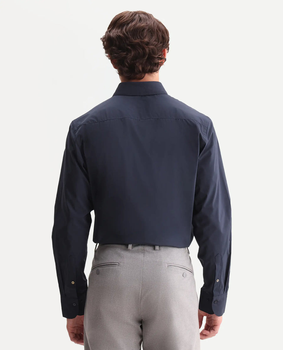 Rare Rabbit Men's Zidan Navy Cotton Blend Fabric Full Sleeve Spread Collar Button Regular Plain Shirt
