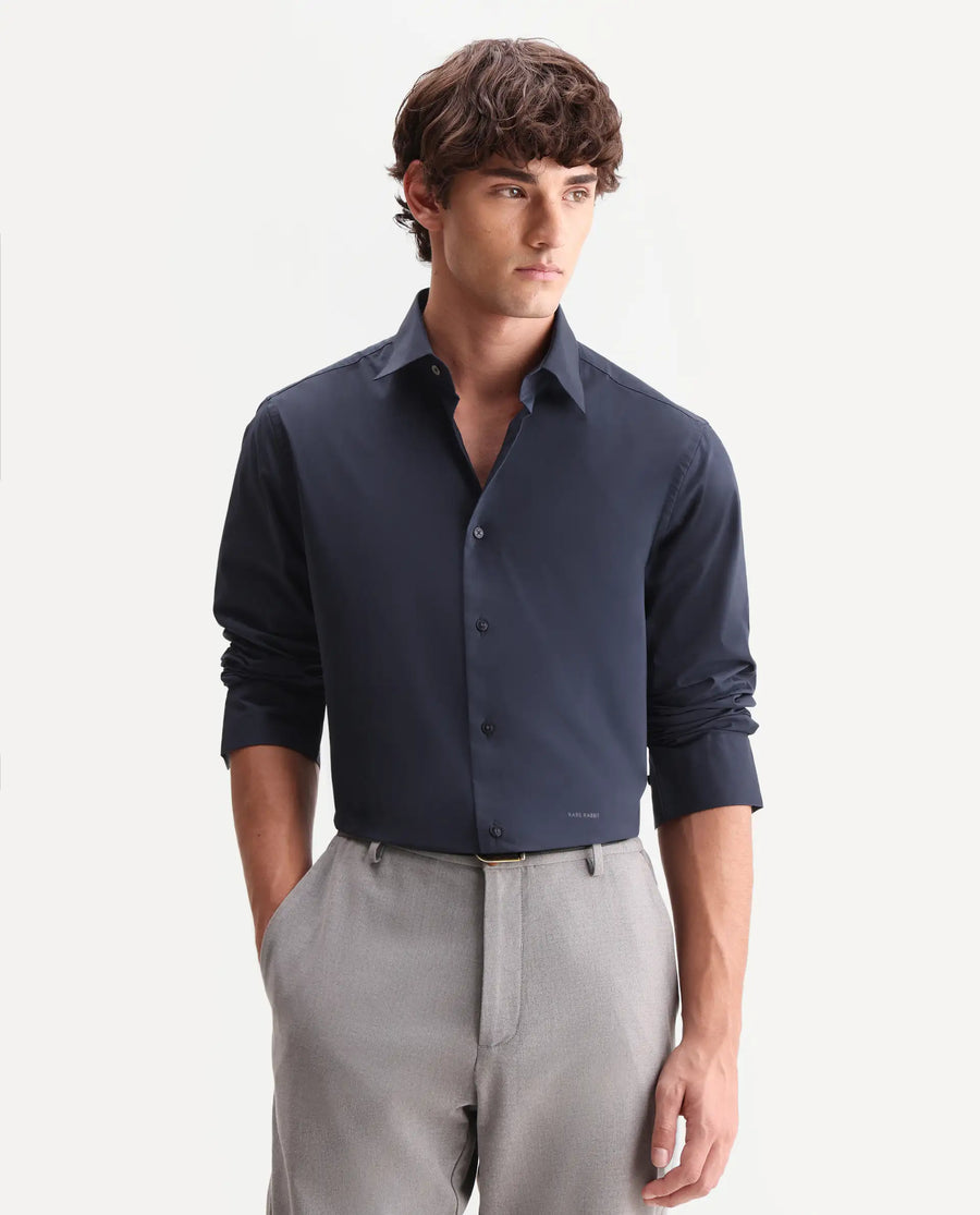 Rare Rabbit Men's Zidan Navy Cotton Blend Fabric Full Sleeve Spread Collar Button Regular Plain Shirt