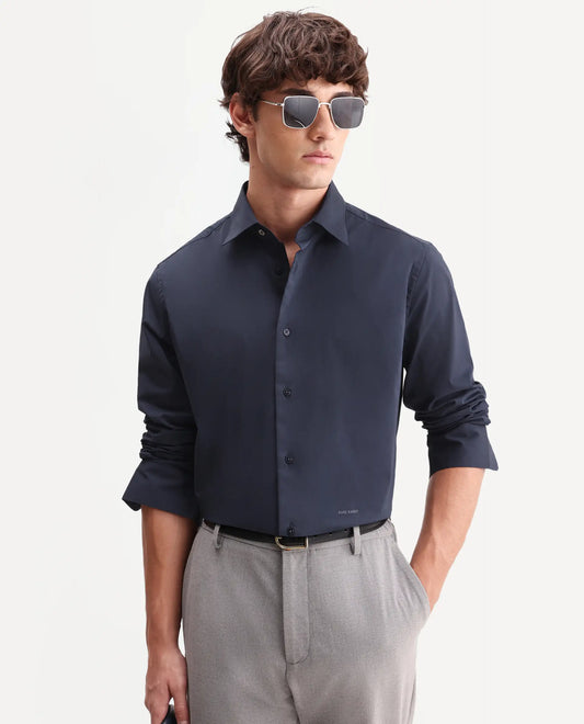 Rare Rabbit Men's Zidan Navy Cotton Blend Fabric Full Sleeve Spread Collar Button Regular Plain Shirt
