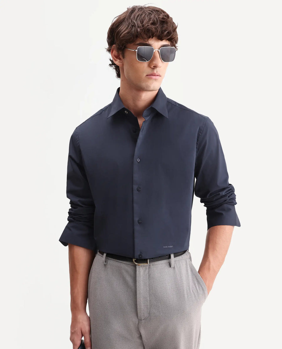 Rare Rabbit Men's Zidan Navy Cotton Blend Fabric Full Sleeve Spread Collar Button Regular Plain Shirt