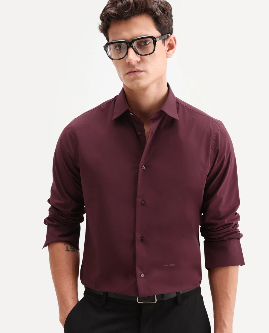 Rare Rabbit Men's Zidan Dark Maroon Cotton Blend Fabric Full Sleeve Spread Collar Button Regular Plain Shirt