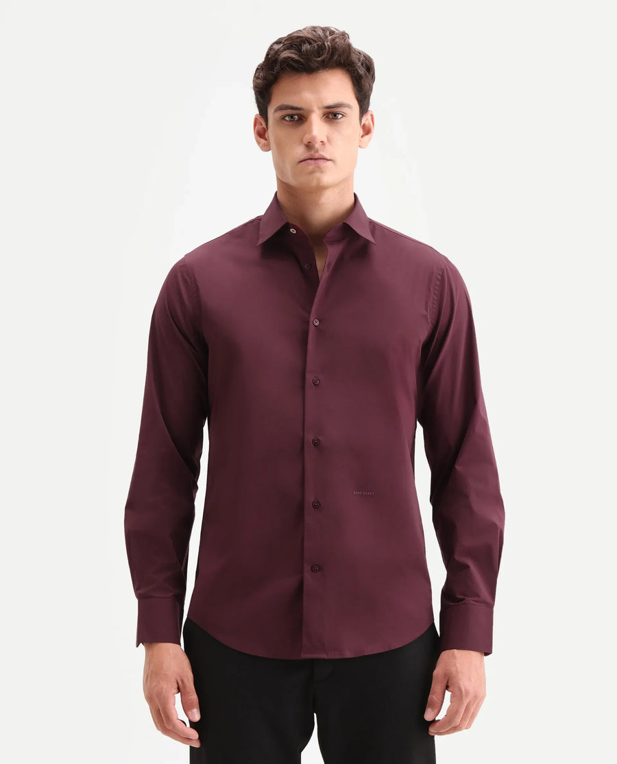 Rare Rabbit Men's Zidan Dark Maroon Cotton Blend Fabric Full Sleeve Spread Collar Button Regular Plain Shirt