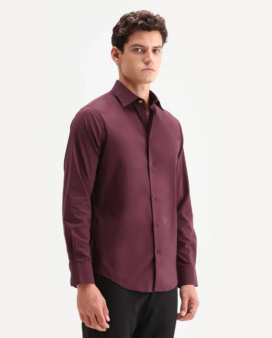 Rare Rabbit Men's Zidan Dark Maroon Cotton Blend Fabric Full Sleeve Spread Collar Button Regular Plain Shirt