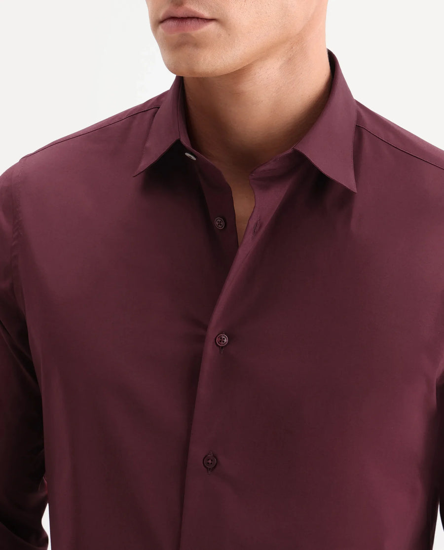 Rare Rabbit Men's Zidan Dark Maroon Cotton Blend Fabric Full Sleeve Spread Collar Button Regular Plain Shirt