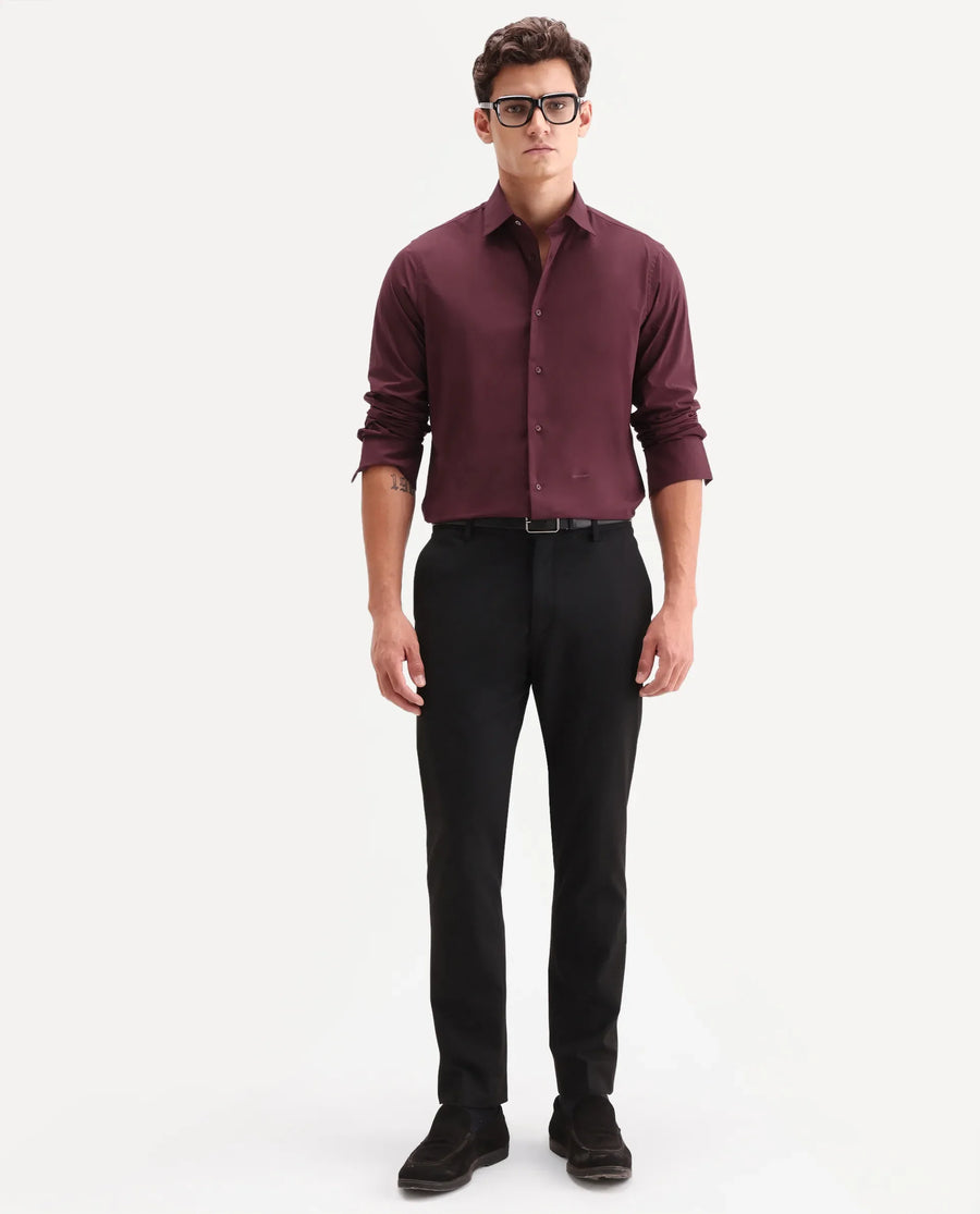 Rare Rabbit Men's Zidan Dark Maroon Cotton Blend Fabric Full Sleeve Spread Collar Button Regular Plain Shirt