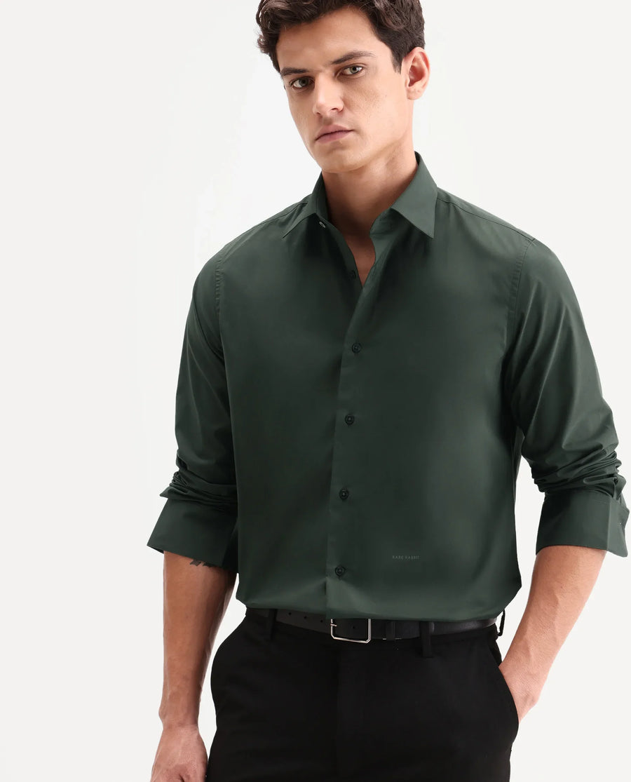 Rare Rabbit Men's Zidan Dark Green Cotton Blend Fabric Full Sleeve Spread Collar Button Regular Plain Shirt