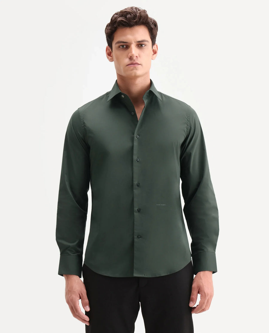 Rare Rabbit Men's Zidan Dark Green Cotton Blend Fabric Full Sleeve Spread Collar Button Regular Plain Shirt