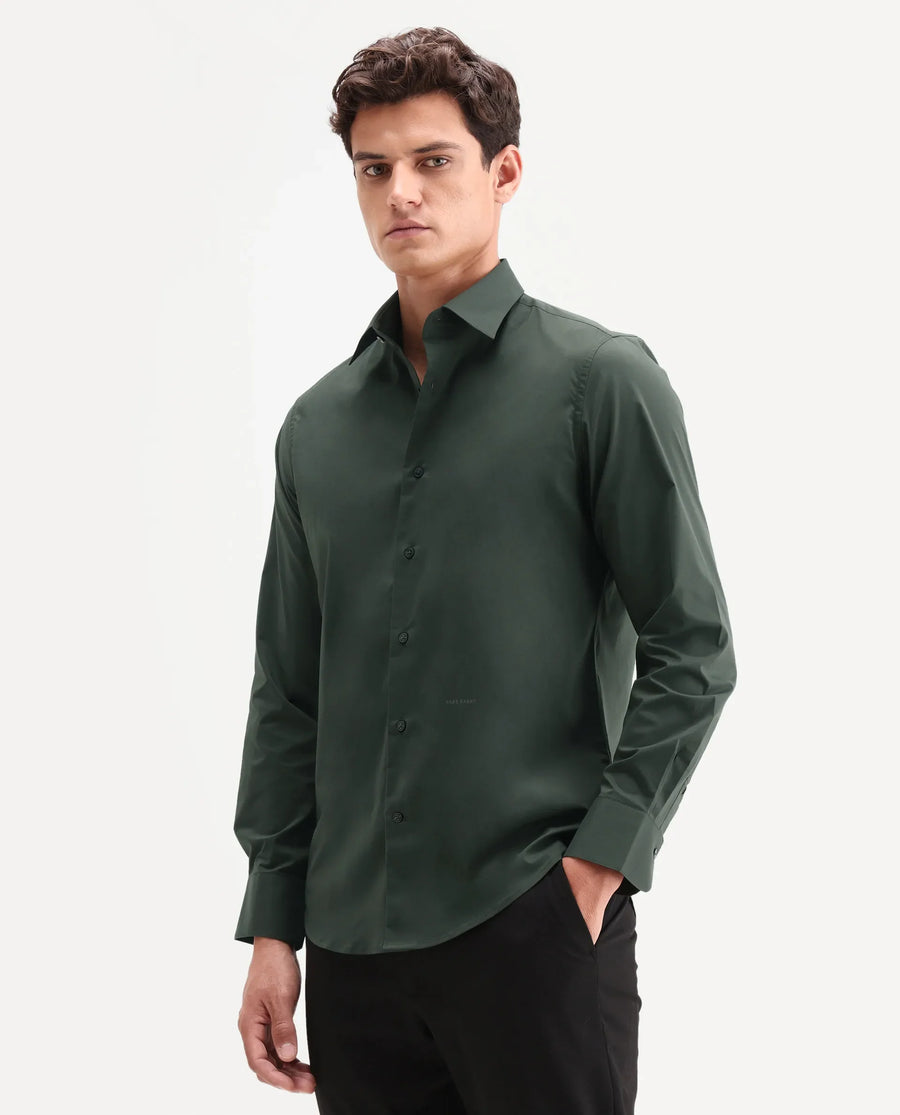Rare Rabbit Men's Zidan Dark Green Cotton Blend Fabric Full Sleeve Spread Collar Button Regular Plain Shirt