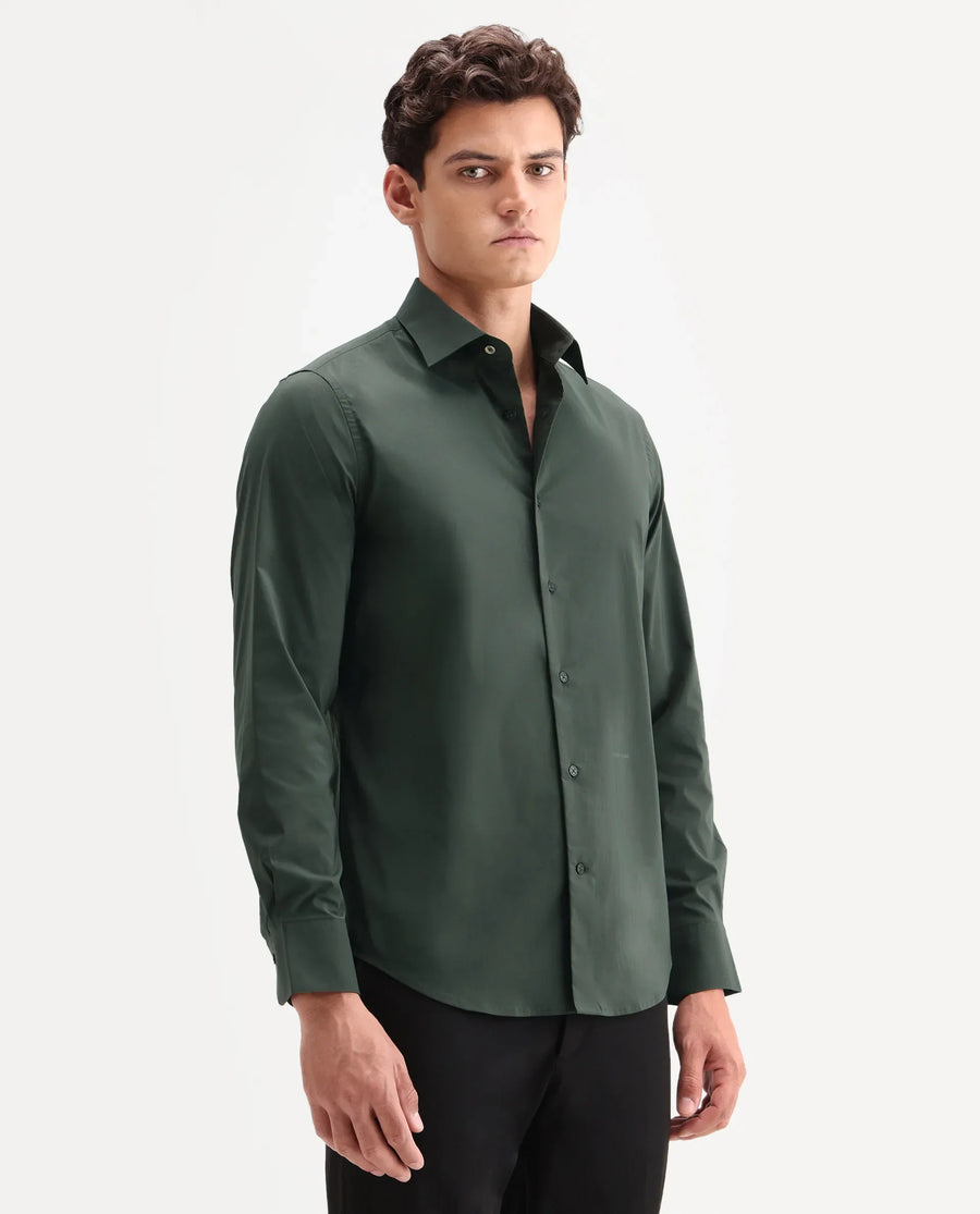 Rare Rabbit Men's Zidan Dark Green Cotton Blend Fabric Full Sleeve Spread Collar Button Regular Plain Shirt