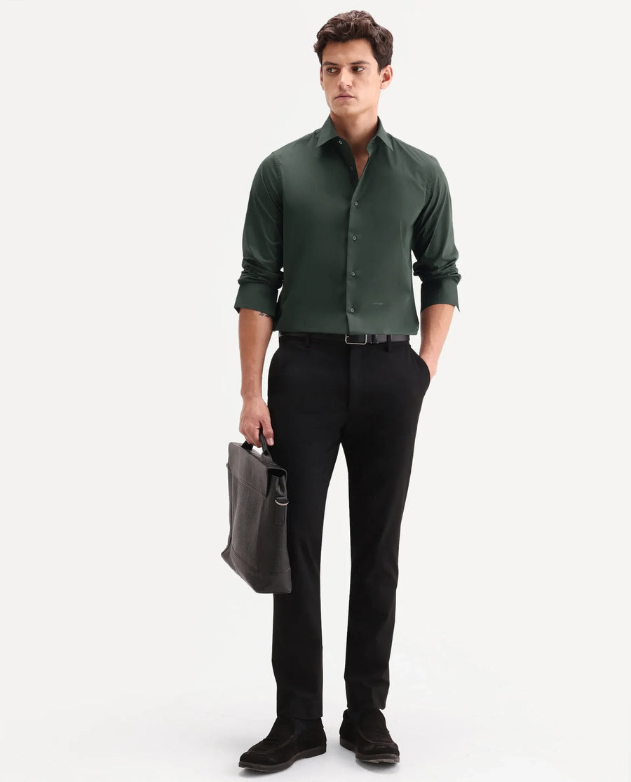 Rare Rabbit Men's Zidan Dark Green Cotton Blend Fabric Full Sleeve Spread Collar Button Regular Plain Shirt